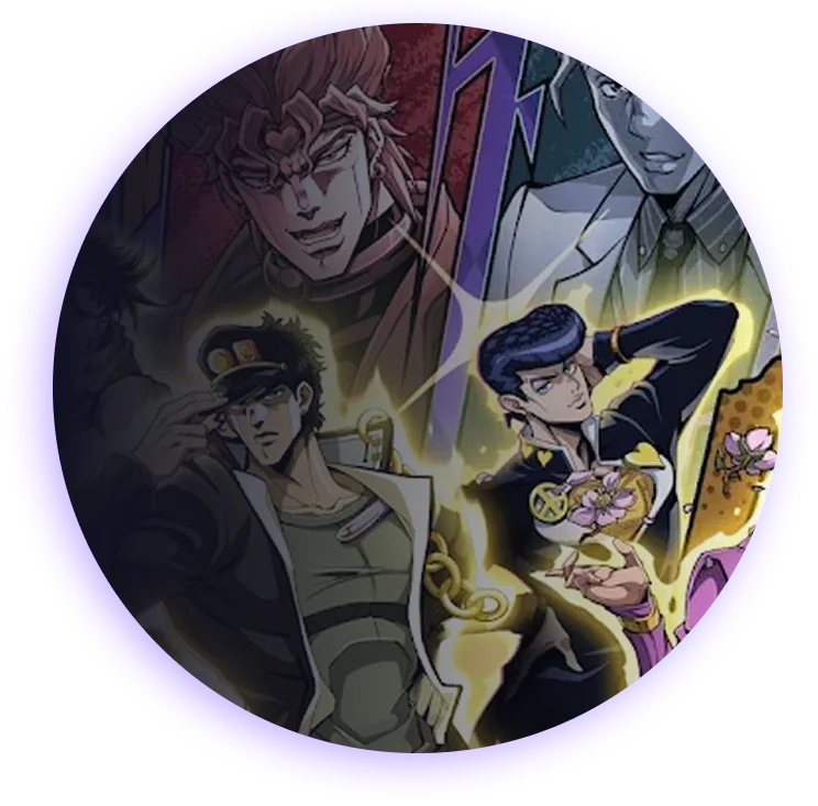 Okrągła ikona gry przedstawiająca głównych bohaterów oraz logo JoJo's Bizarre Adventure: Golden Spirit.