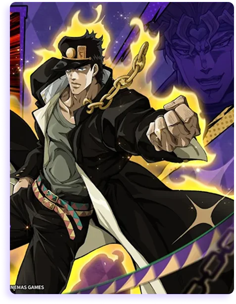 Dynamiczna ilustracja przedstawiająca Jotaro Kujo przygotowującego się do walki z charakterystycznymi efektami wizualnymi.